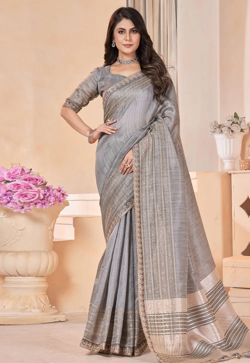 Grey Linen Saree With Blouse 301707