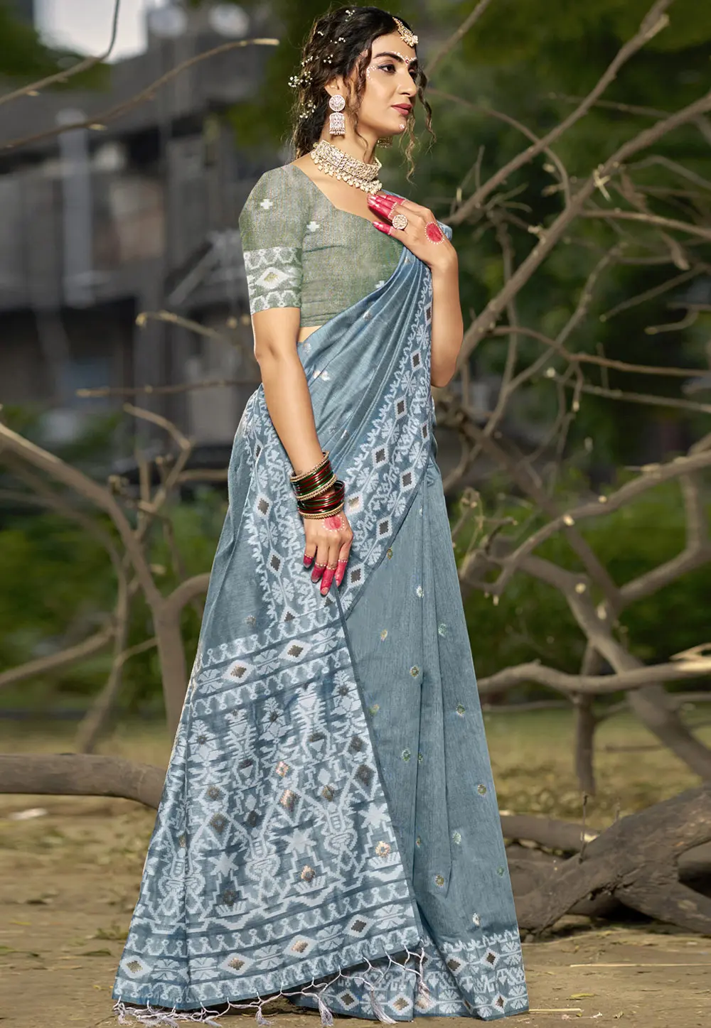 Grey Linen Saree With Blouse 303098