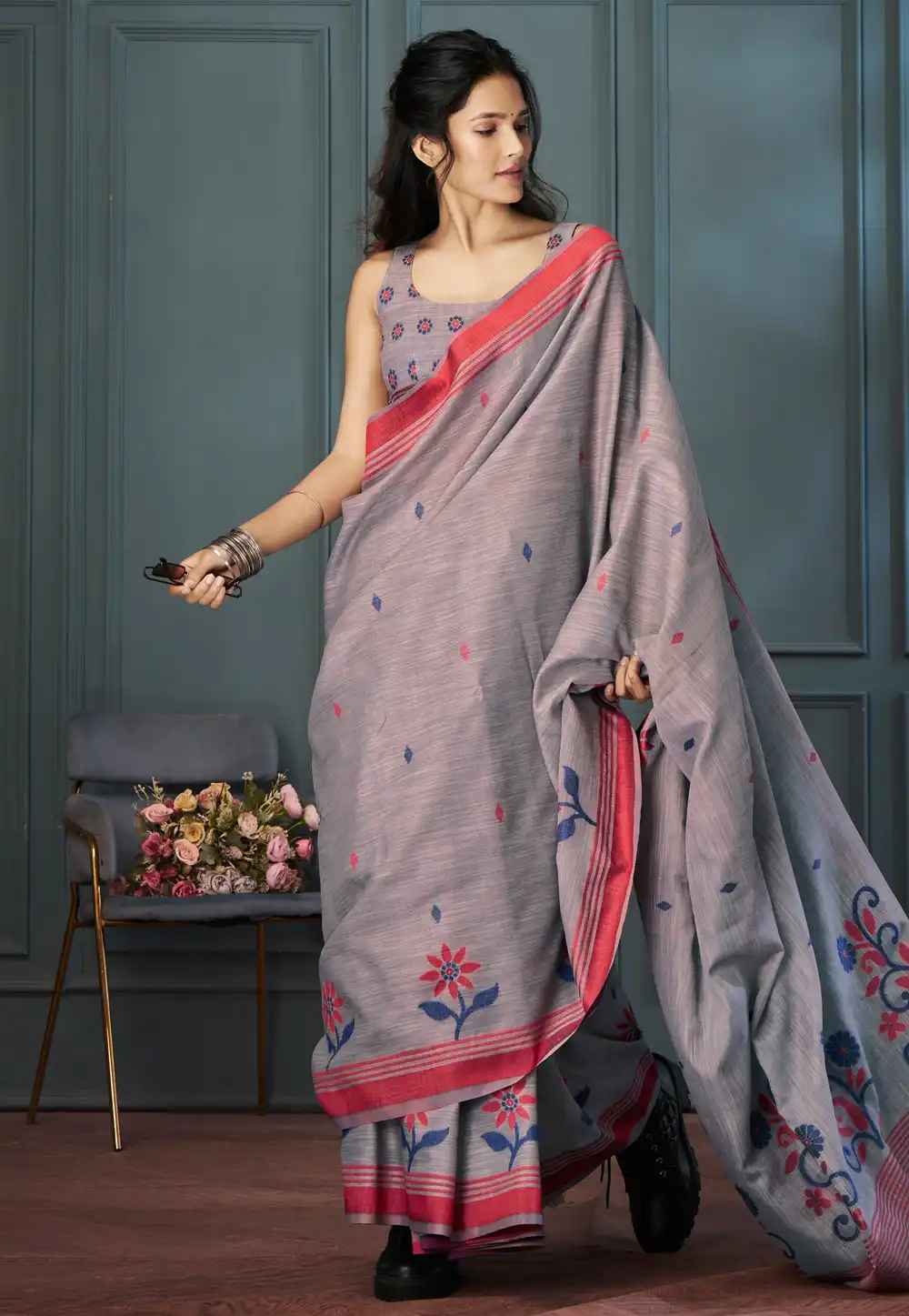 Grey Linen Saree With Blouse 292824