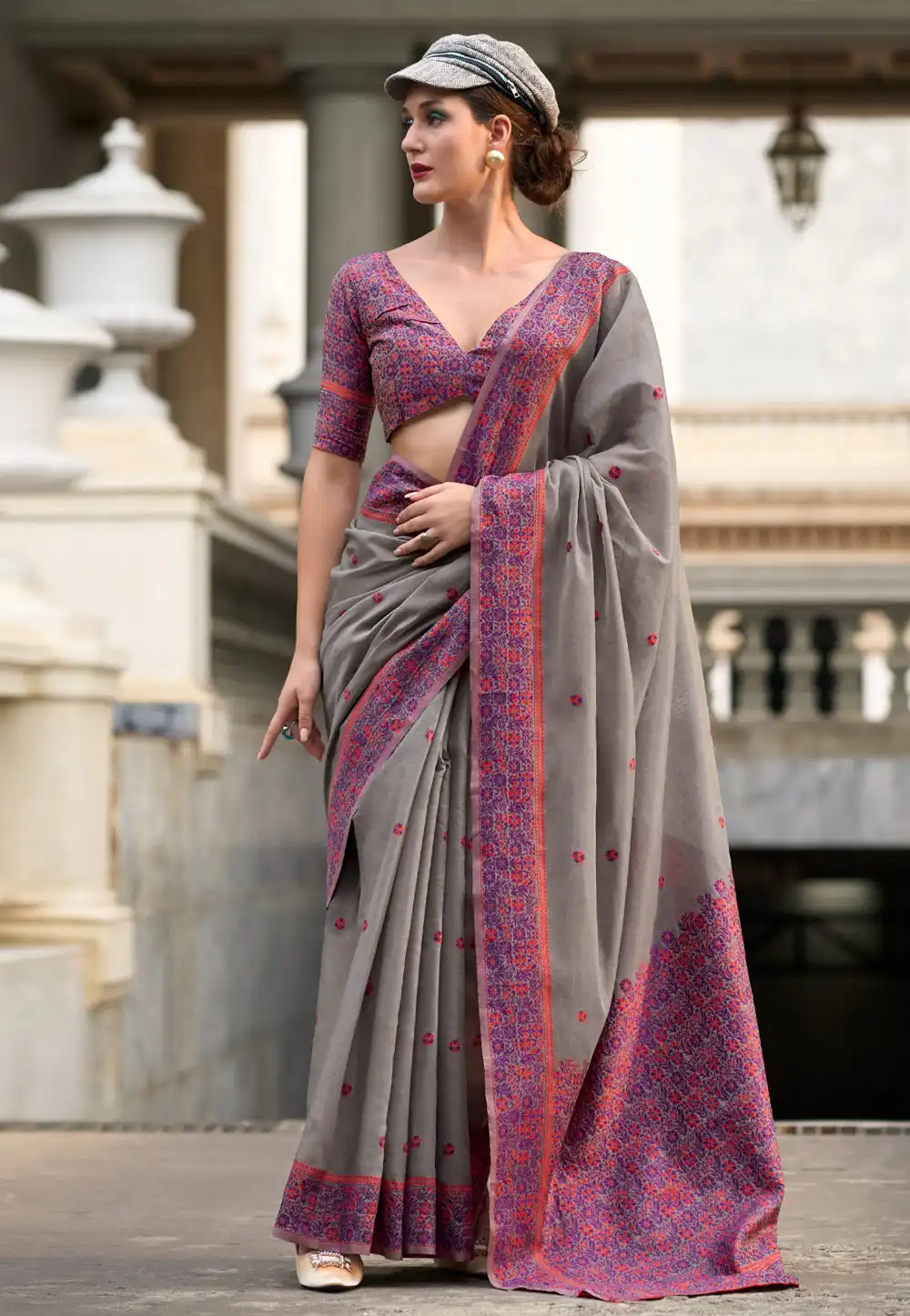 Grey Linen Saree With Blouse 292715