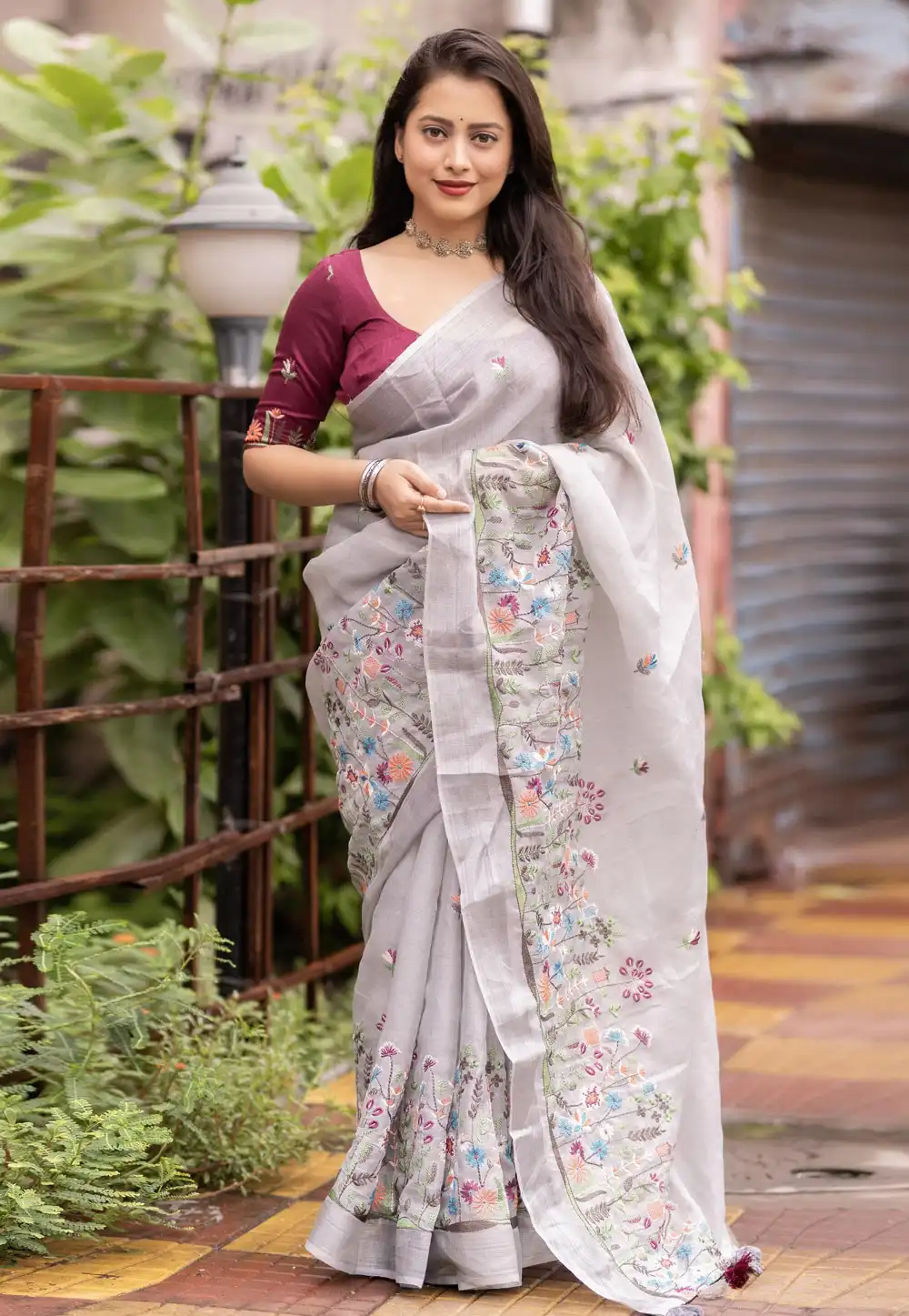 Grey Linen Saree With Blouse 289748