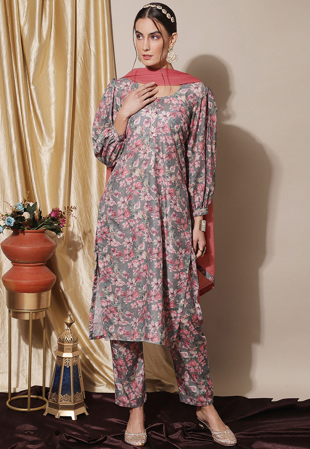 Grey Muslin Pakistani Suit 310589