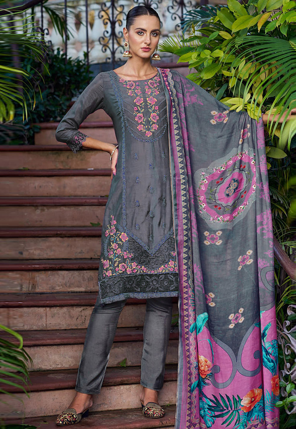 Grey Muslin Pakistani Suit 310147