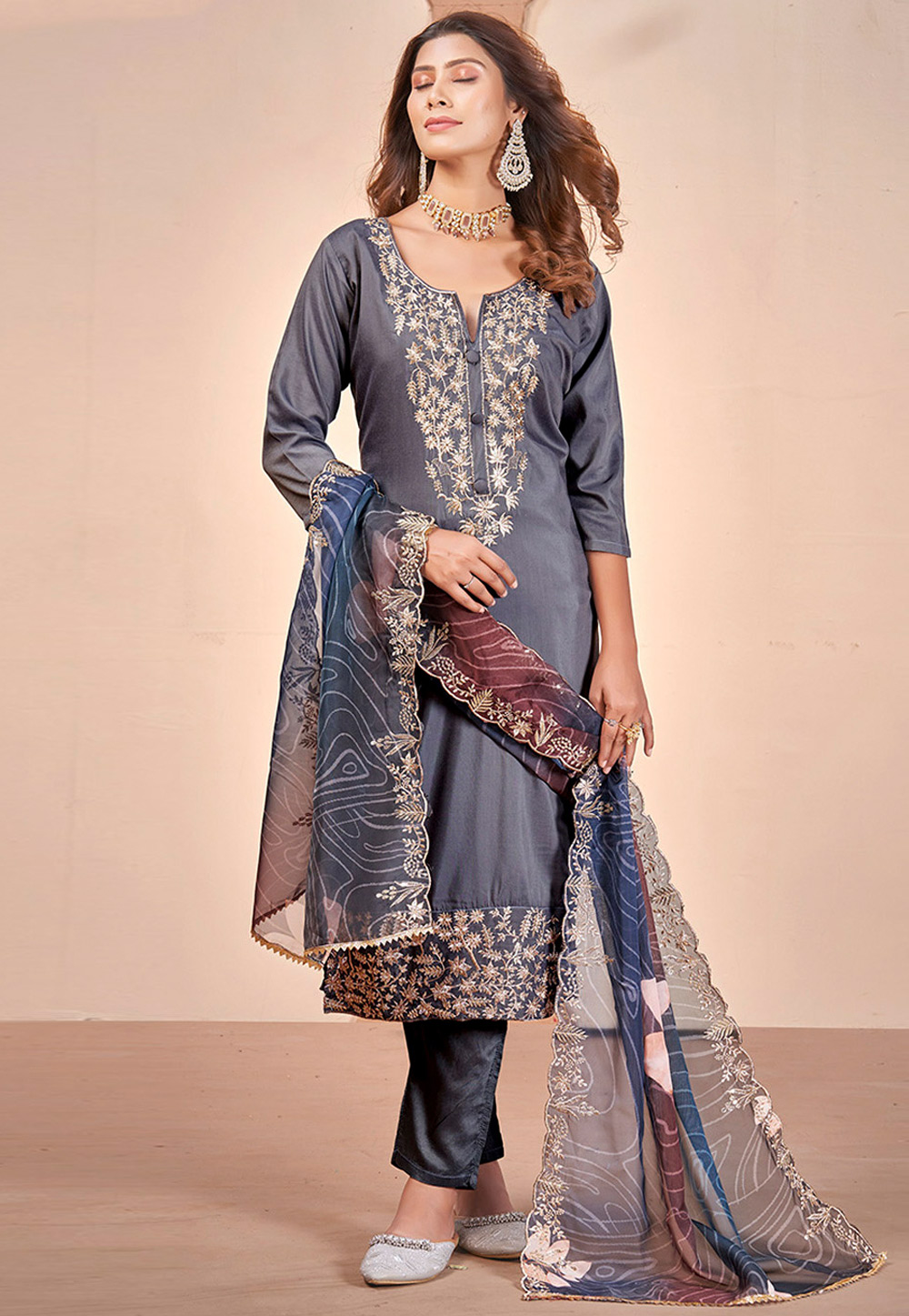 Grey Muslin Pakistani Suit 309567