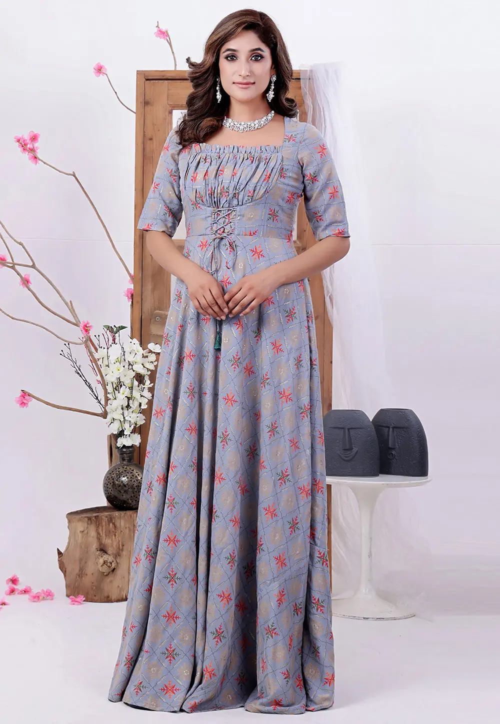 Grey Muslin Printed Gown 299668