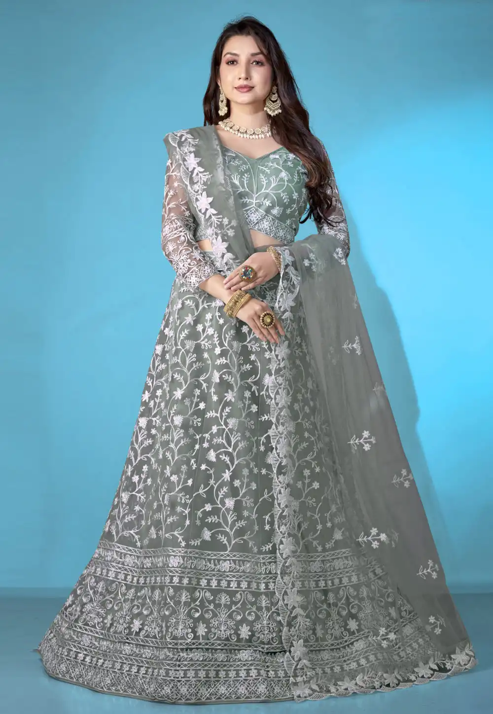 Grey Net A Line Lehenga Choli 294071