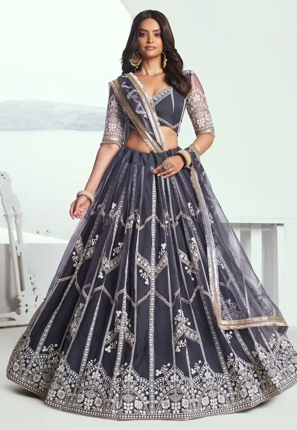 Grey Net Circular Lehenga Choli 294292