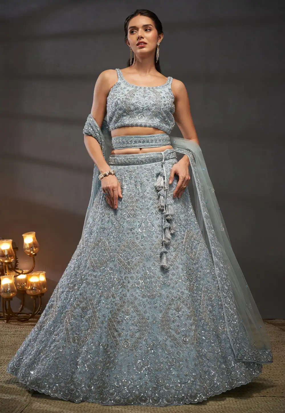 Grey Net Circular Lehenga Choli 291193