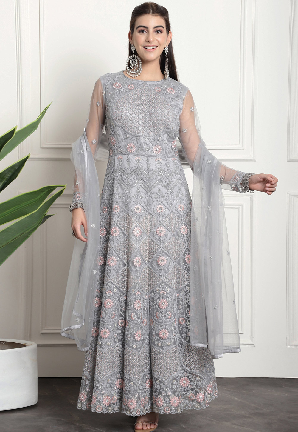 Grey Net Embroidered Long Anarkali Suit 310725