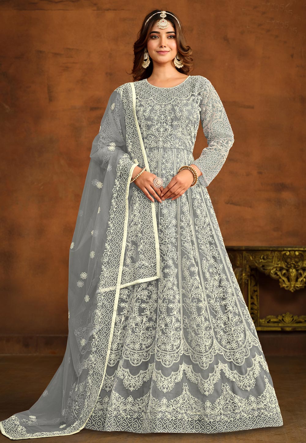 Grey Net Embroidered Long Anarkali Suit 280049