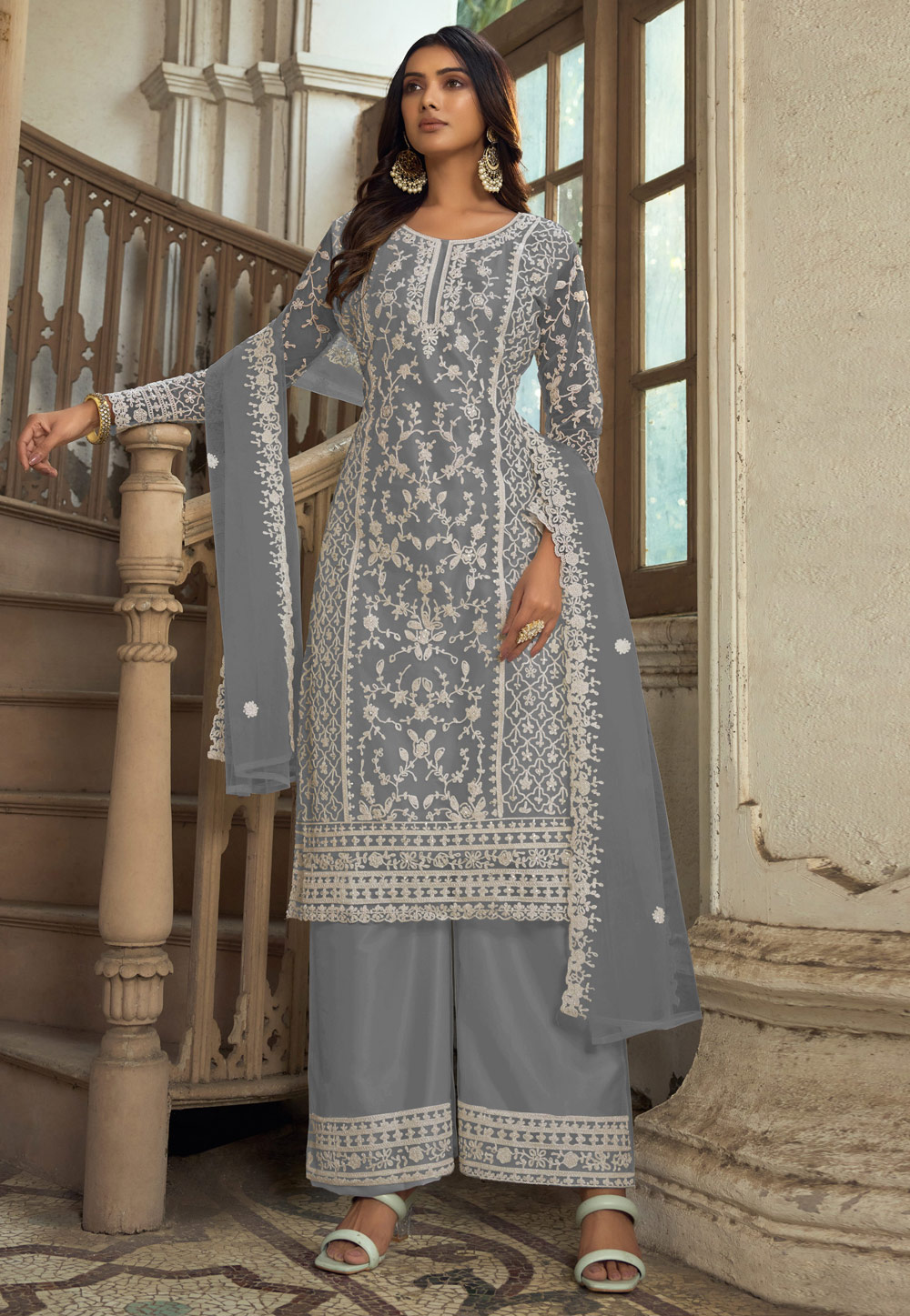 Grey Net Embroidered Pakistani Palazzo Suit 278506