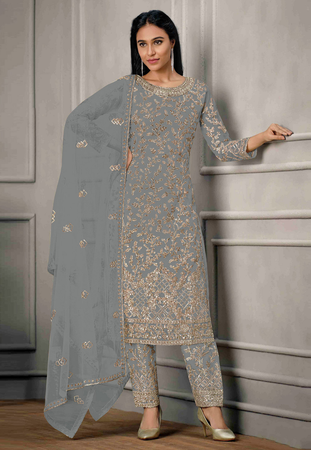 Grey Net Embroidered Pakistani Suit 279186