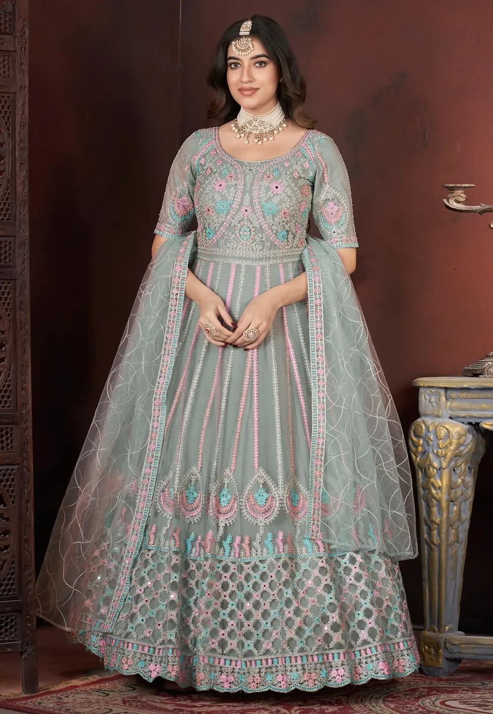 Grey Net Embroidered Readymade Anarkali Suit 299539