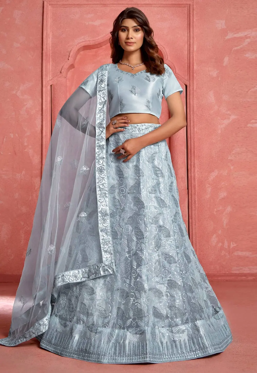 Grey Net Lehenga Choli 303351