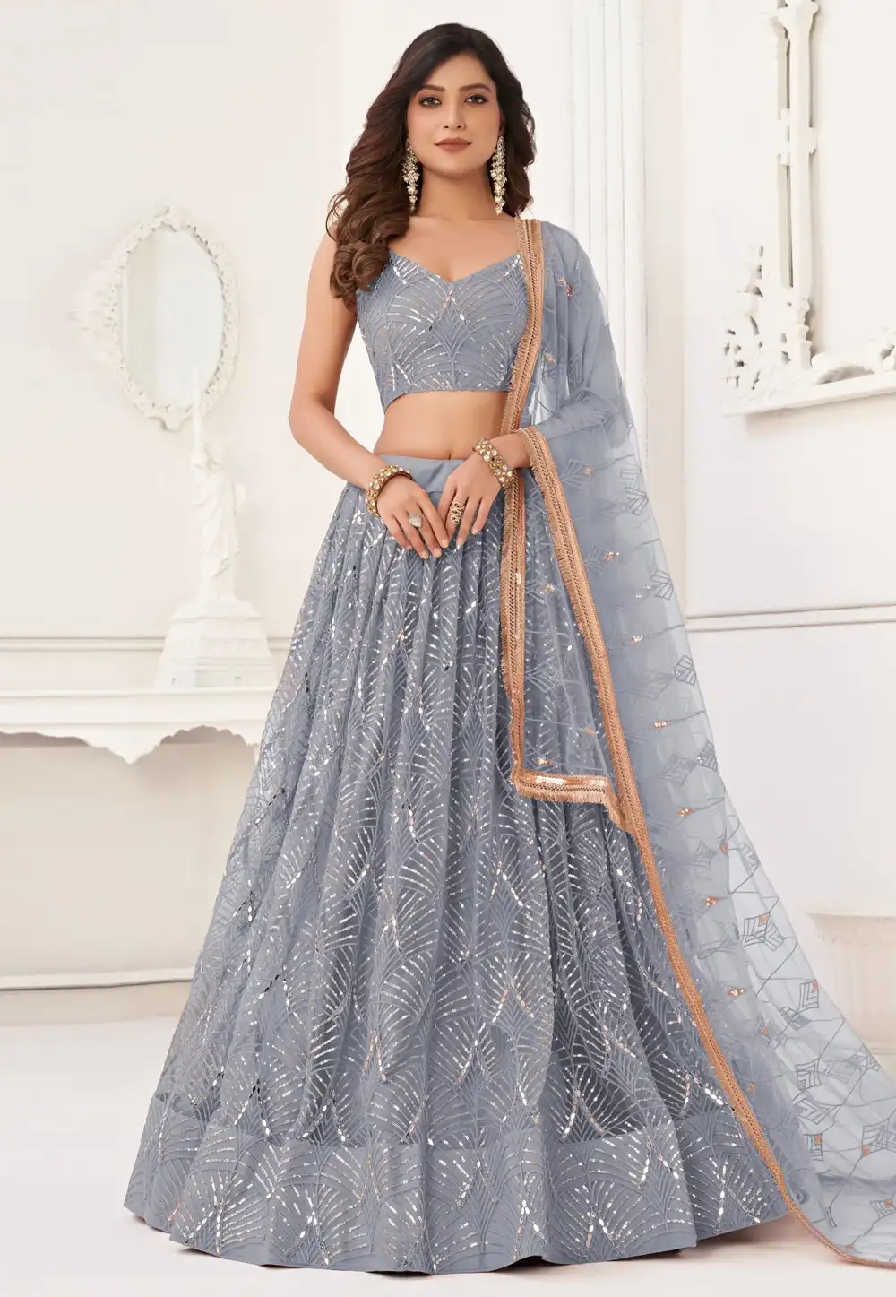 Grey Net Lehenga Choli 289005