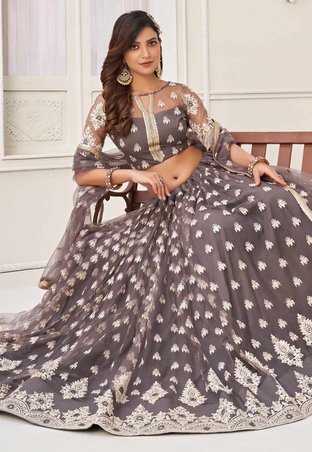 Shop Grey Net Embroidery N Sequins Hand Work Umbrella Lehenga Choli Wedding  Wear Online at Best Price | Cbazaar