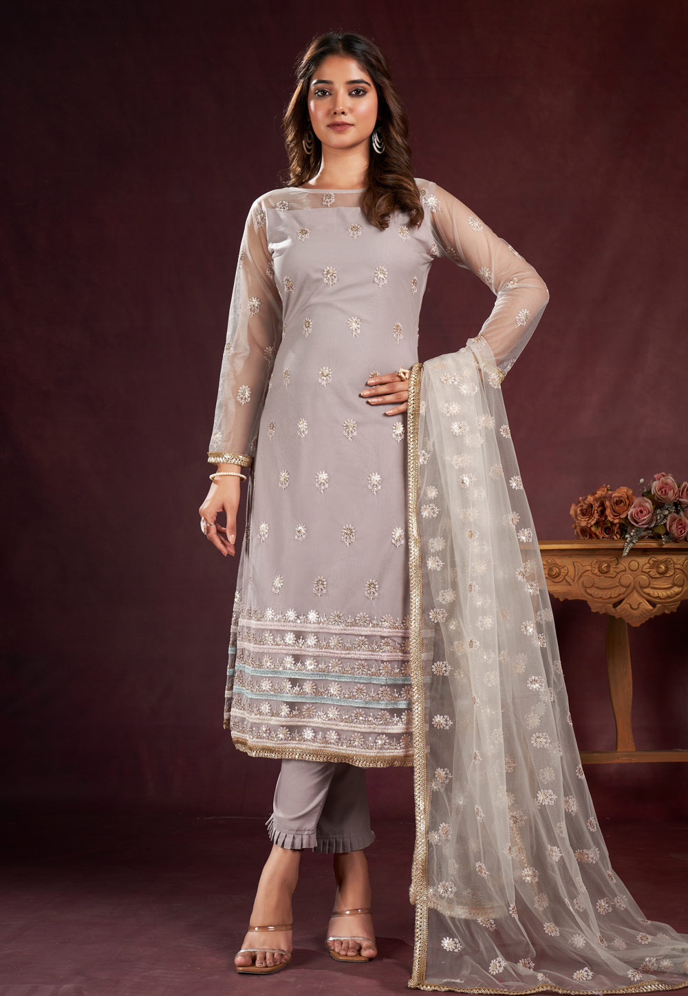Grey Net Pakistani Suit 281309