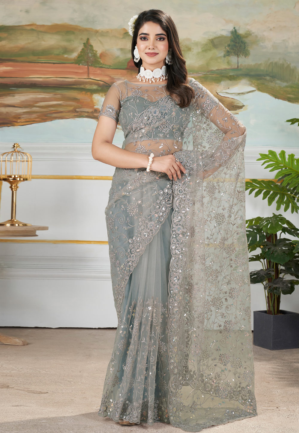 Grey Net Saree With Blouse 309405