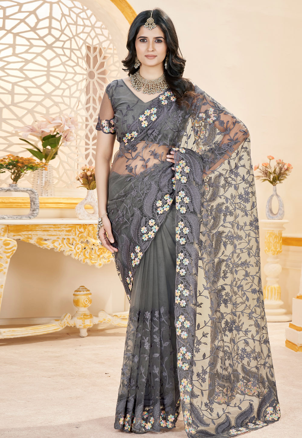 Grey Net Saree With Blouse 309835