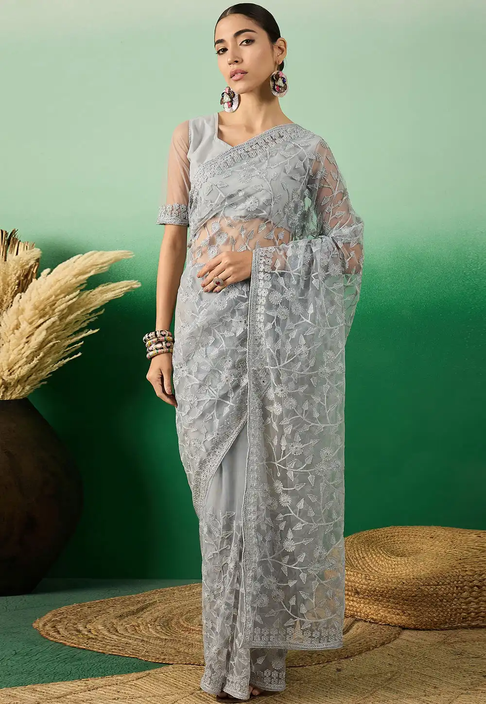 Grey Net Saree With Blouse 289764