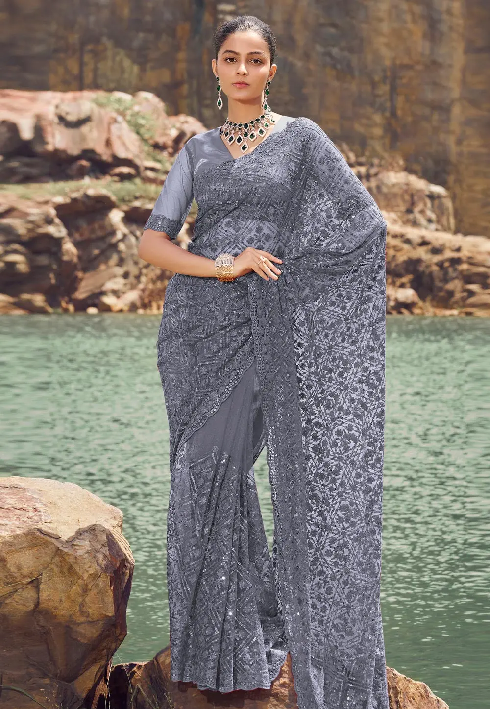 Grey Net Sequence Saree 301934