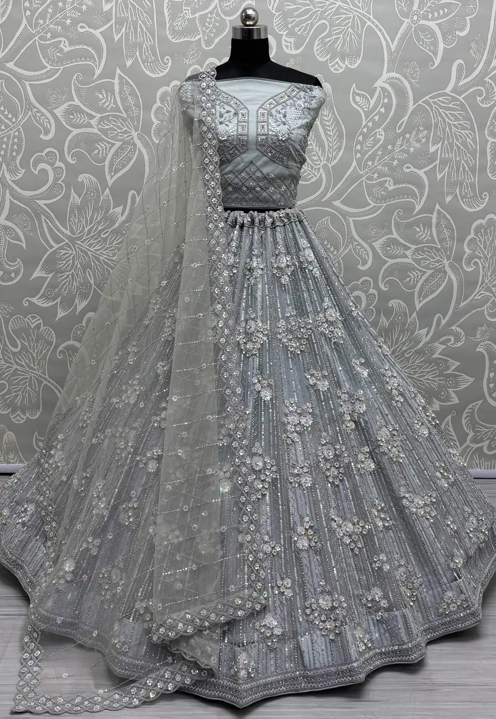 Grey Net Wedding Lehenga Choli 298907