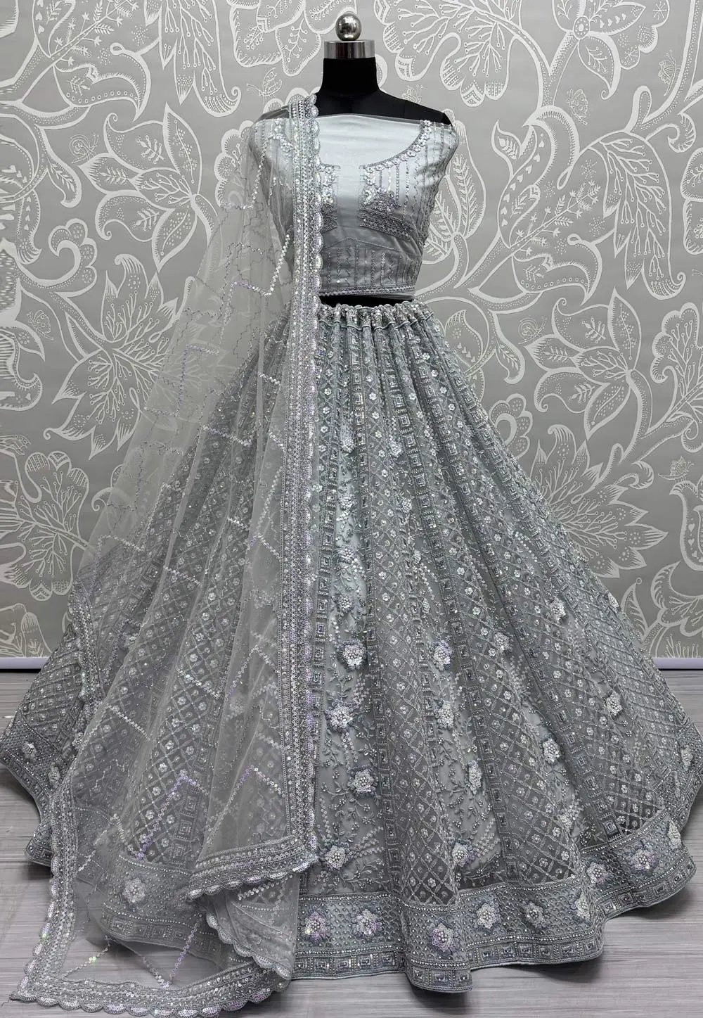 Grey Net Wedding Lehenga Choli 299735