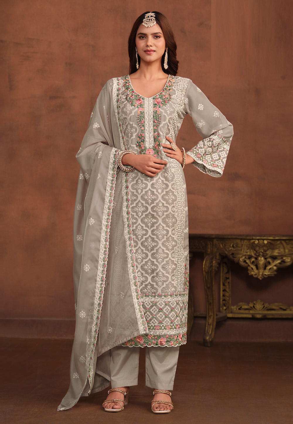 Grey Organza Embroidered Straight Suit 280746