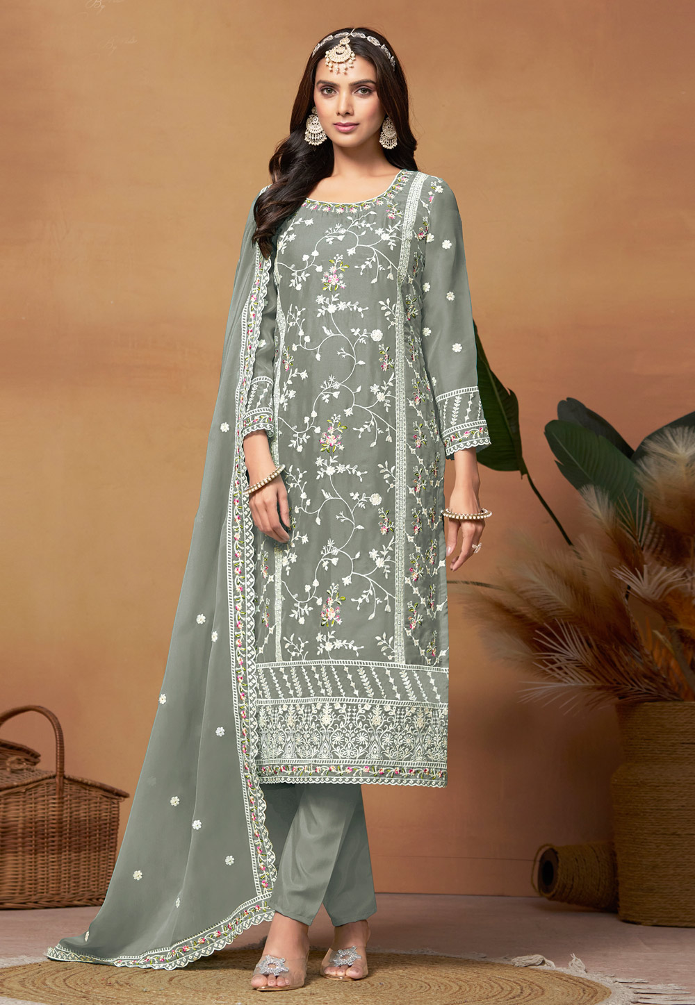 Grey Organza Embroidered Straight Suit 287476