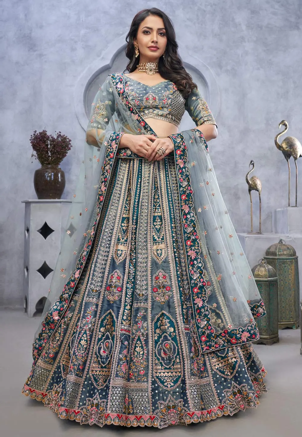 Grey Organza Lehenga Choli 300893