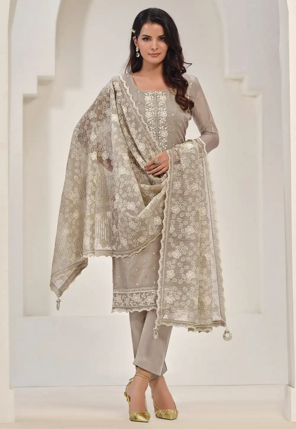 Grey Organza Pakistani Suit 290974