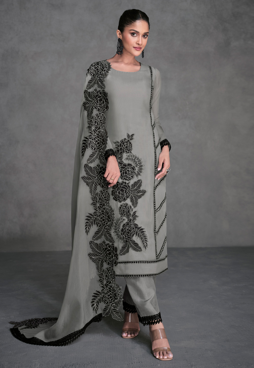 Grey Organza Pant Style Suit 285706
