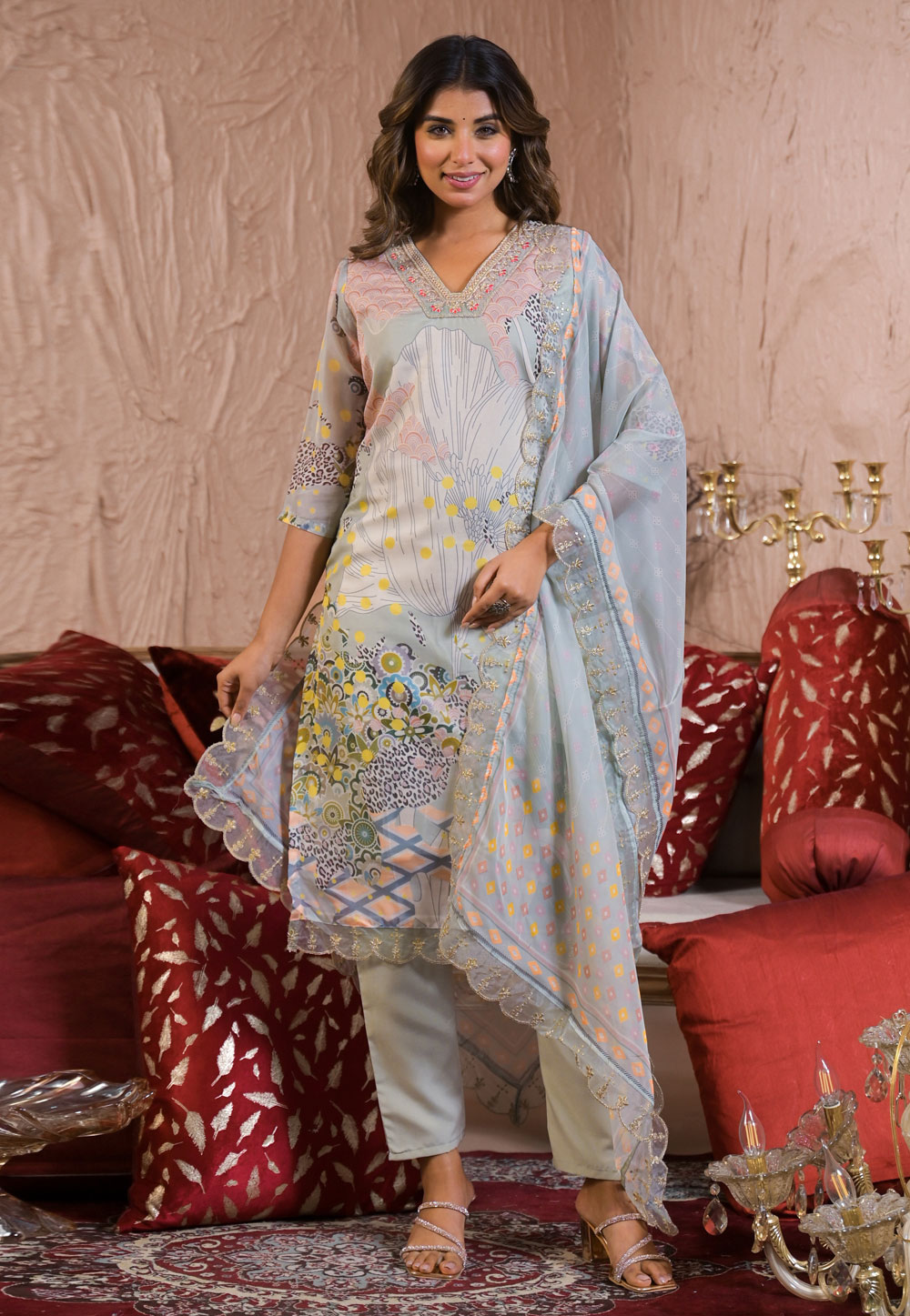 Grey Organza Readymade Pant Style Suit 309453