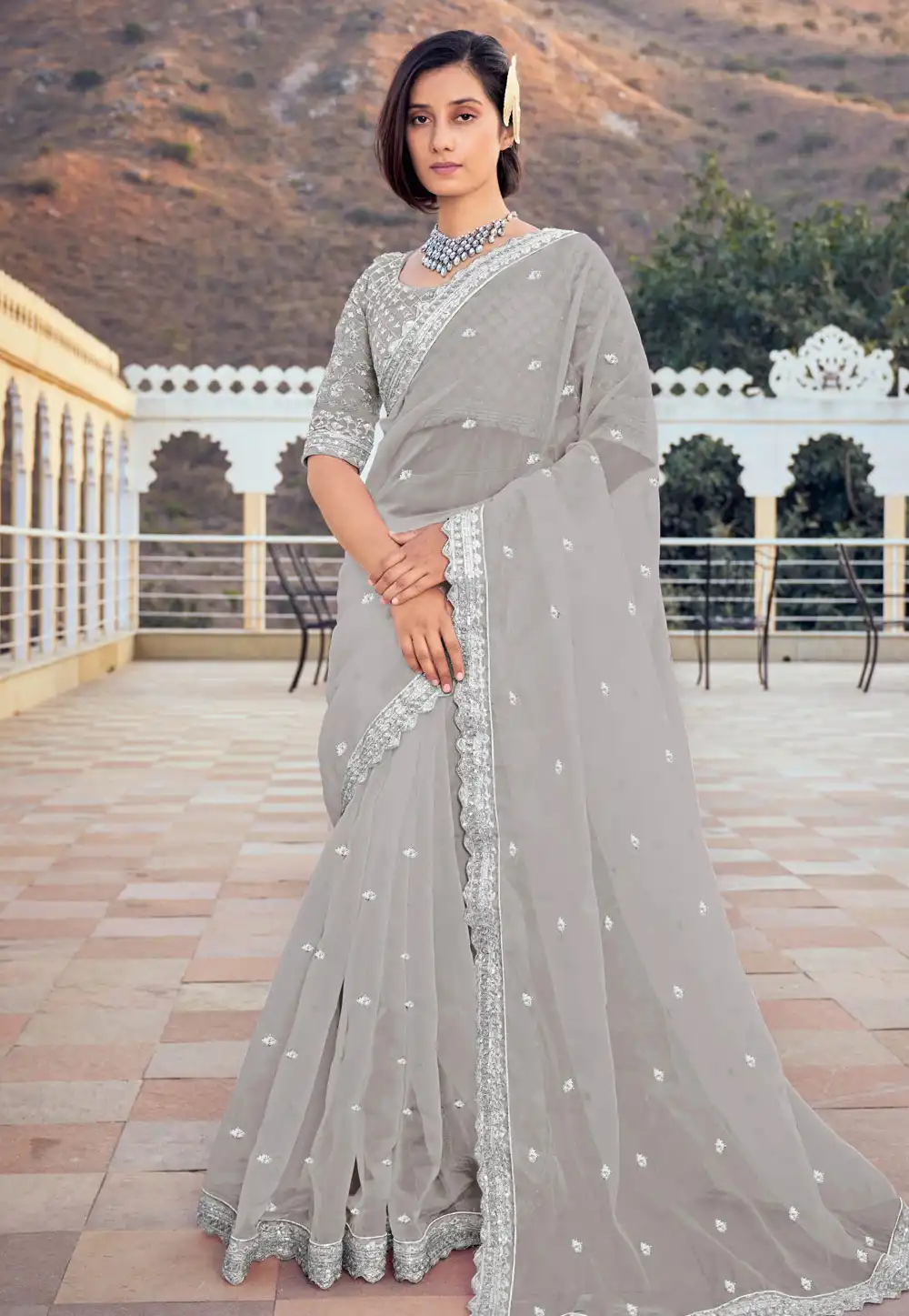 Grey Organza Saree With Blouse 294496