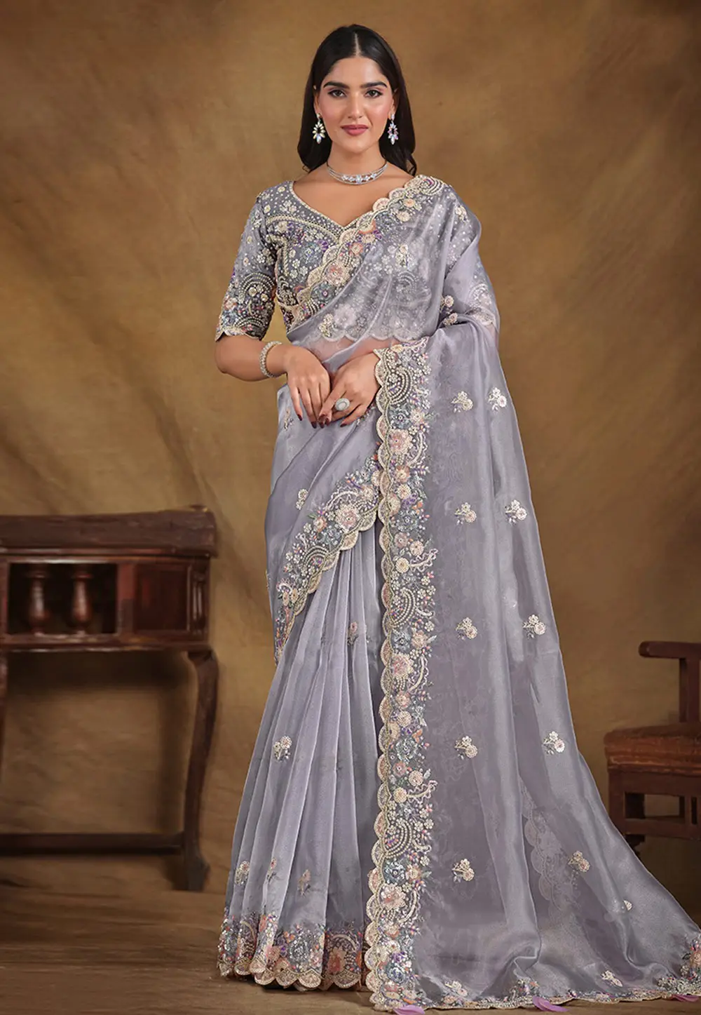 Grey Organza Saree With Blouse 297177