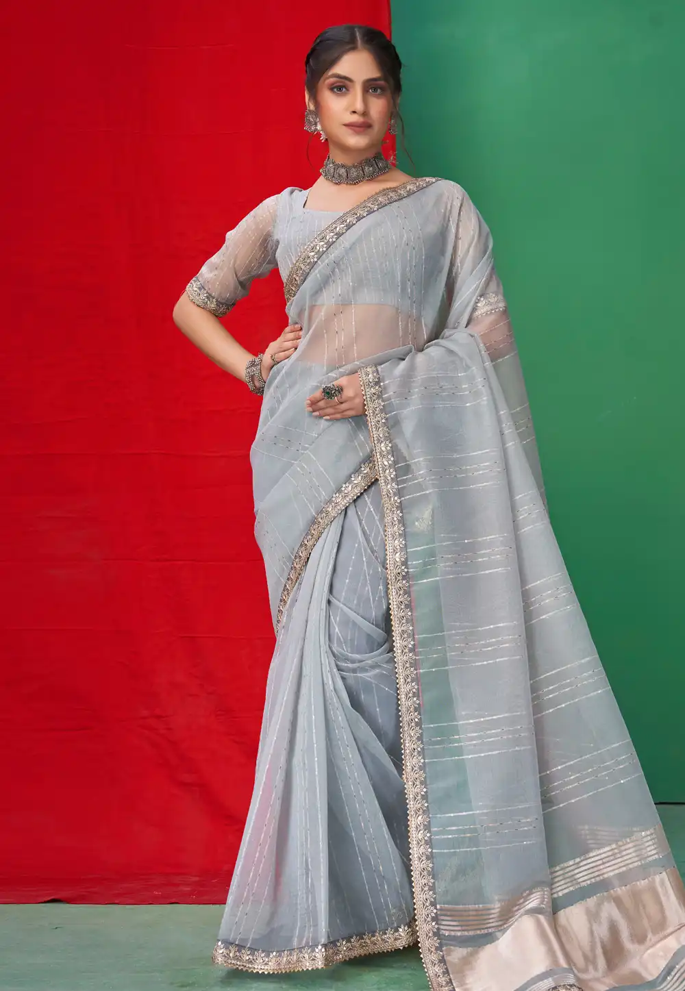 Grey Organza Saree With Blouse 290358