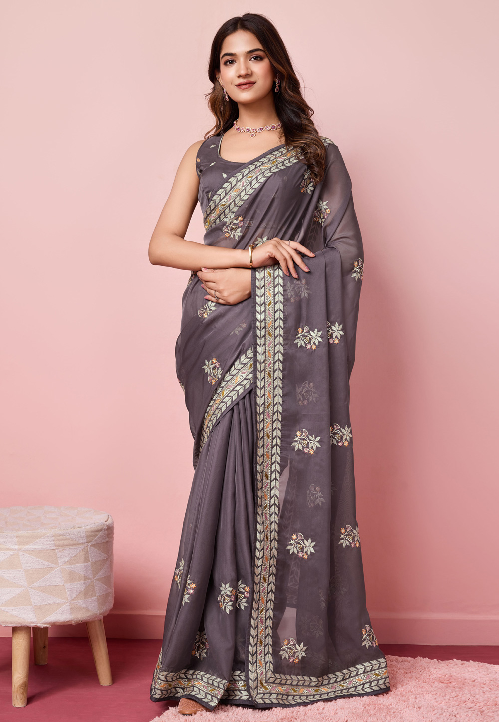 Grey Organza Saree With Blouse 287777