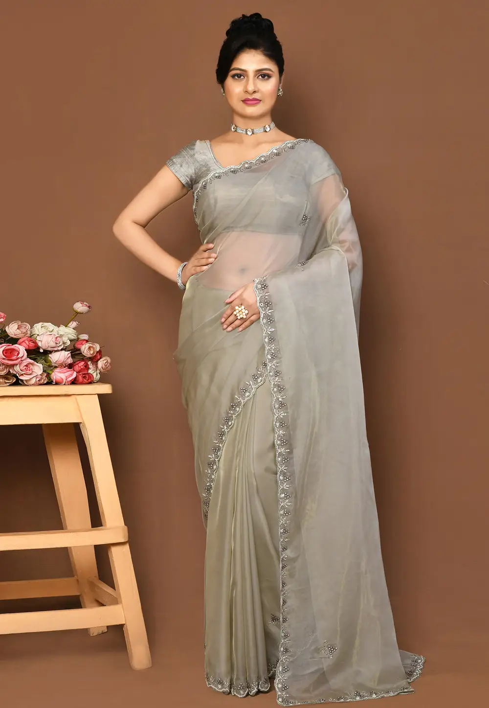 Grey Organza Saree With Blouse 296005