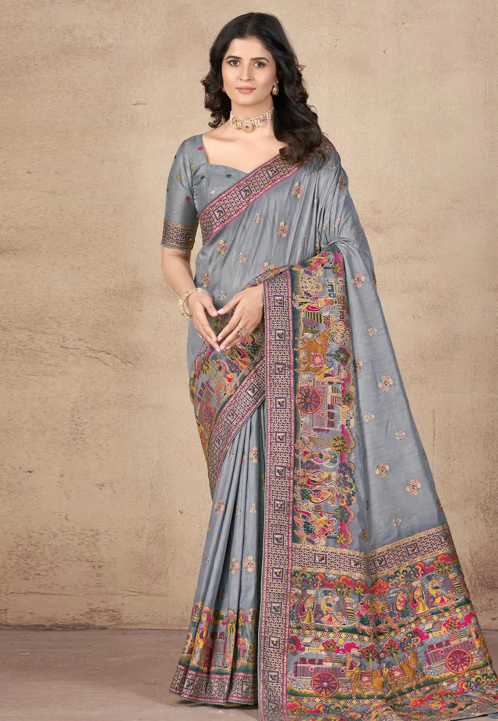 Grey Pashmina Saree With Blouse 298496