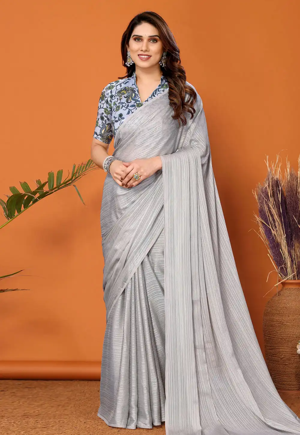 Grey Polyester Saree With Blouse 290706