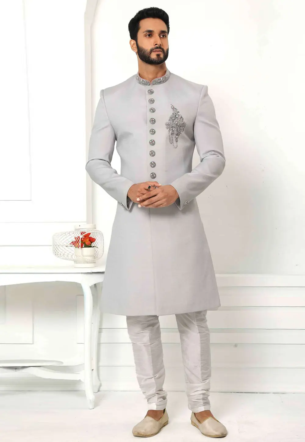 Grey Rayon Indo Western Sherwani 300200