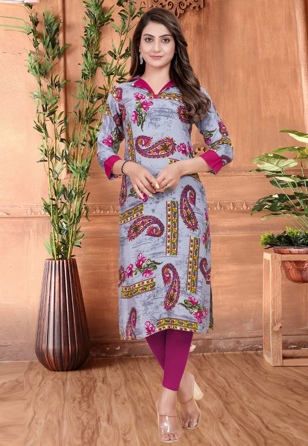 Grey Rayon Printed Long Tunic 295828