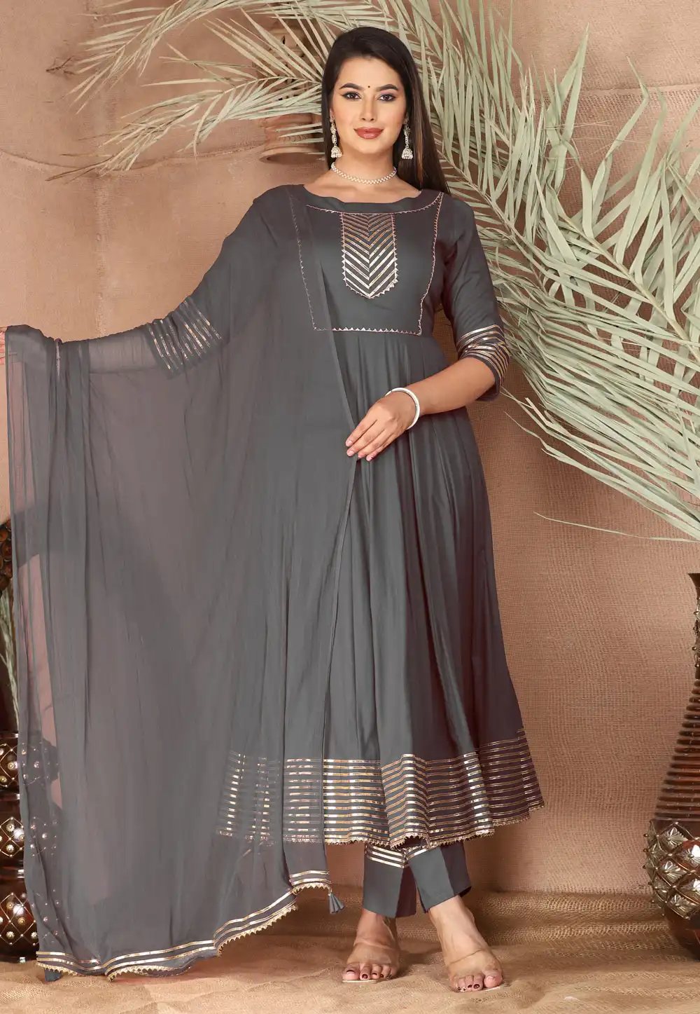 Grey Rayon Readymade Anarkali Suit 292770