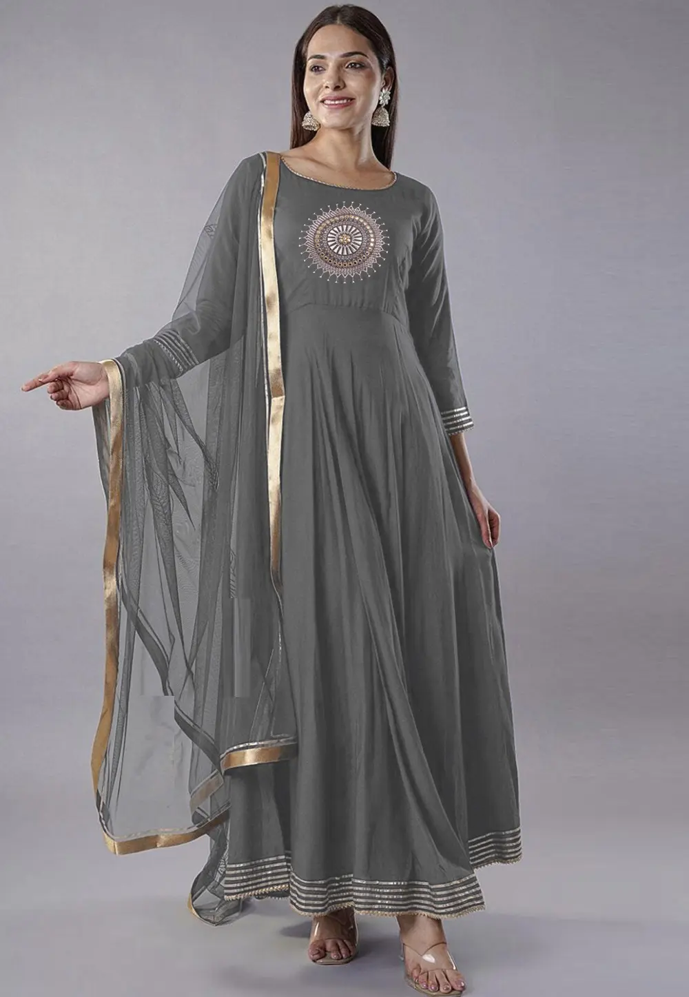 Grey Rayon Readymade Long Anarkali Suit 301690