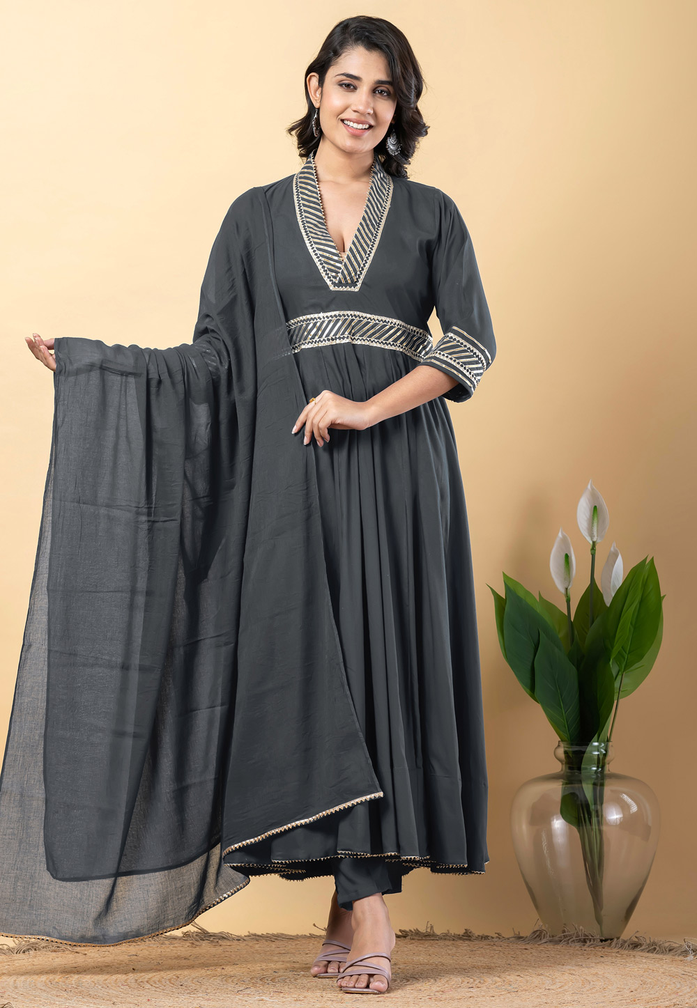 Grey Rayon Readymade Pant Style Suit 306195