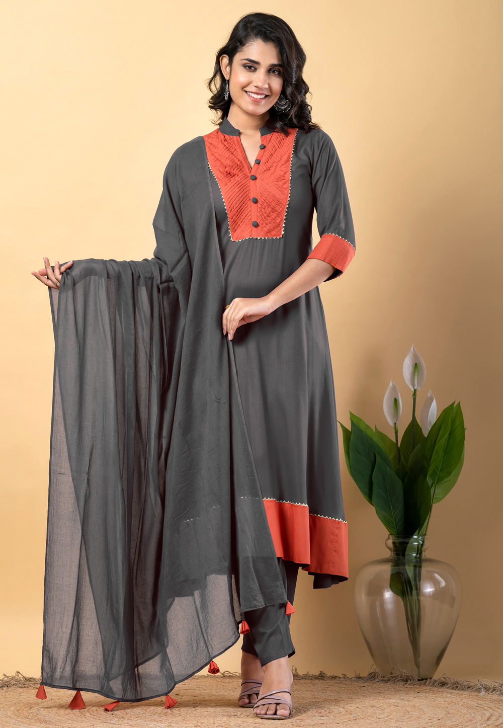 Grey Rayon Readymade Pant Style Suit 306582