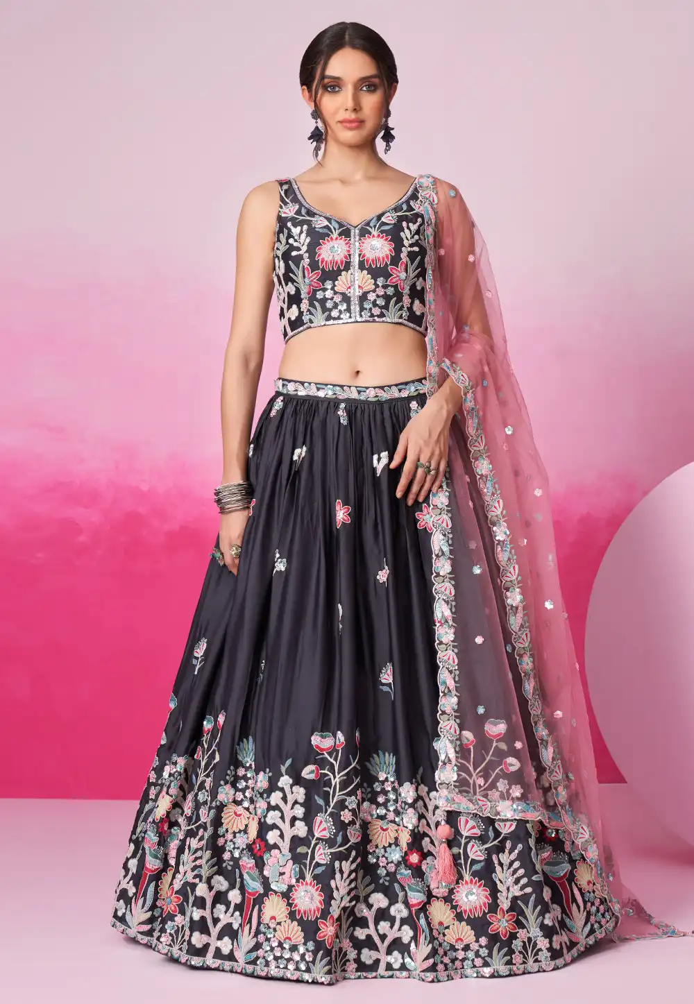 Grey Satin Circular Lehenga Choli 291692