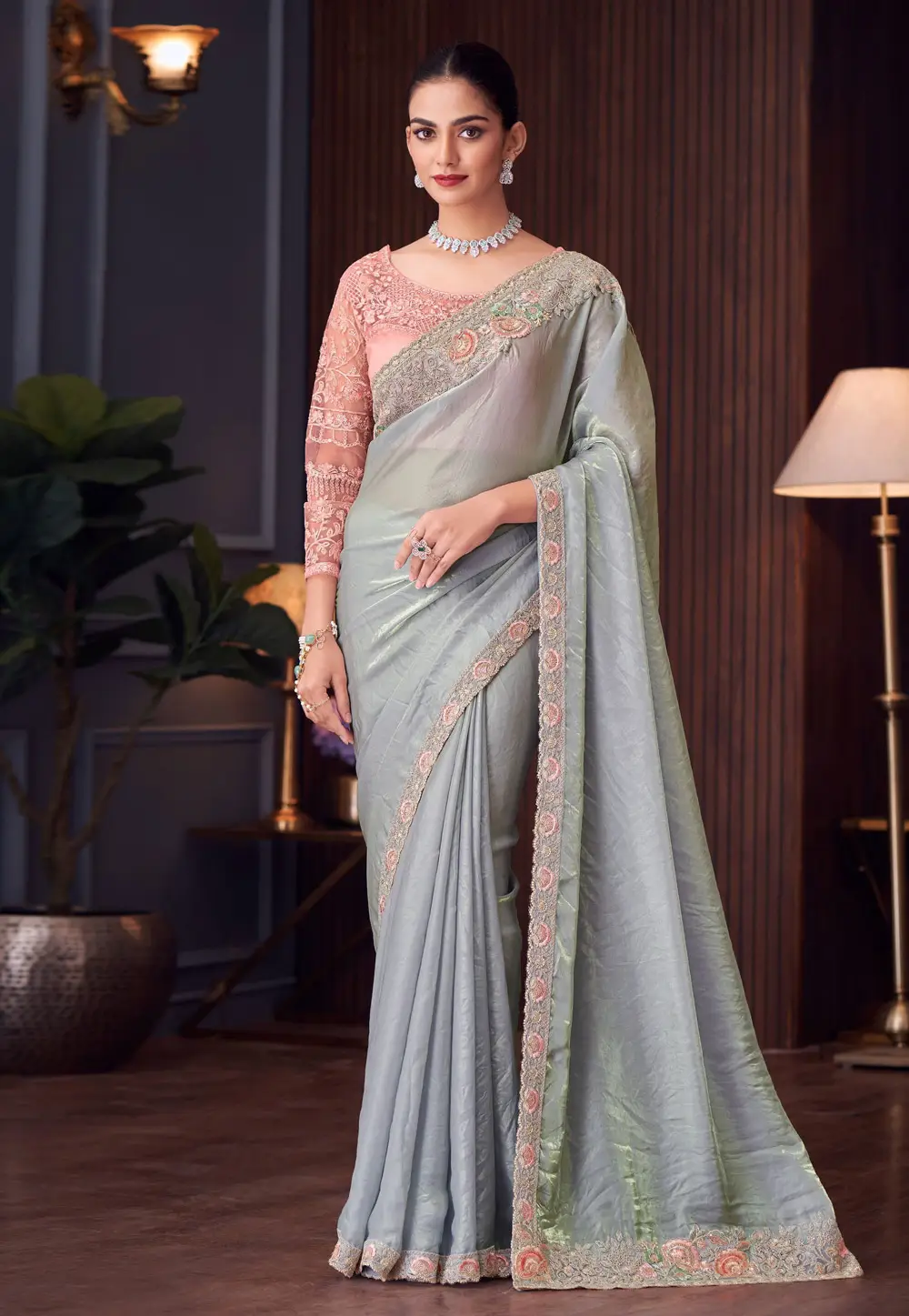 Grey Satin Georgette Saree With Blouse 296353