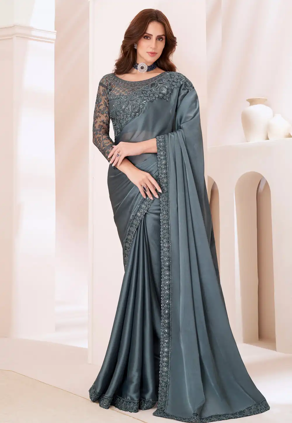 Grey Satin Georgette Saree With Blouse 292304