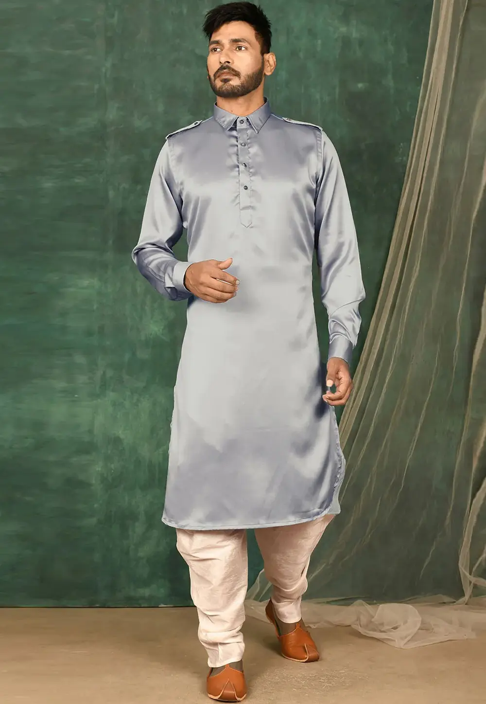 Grey Satin Pathani Suit 300799